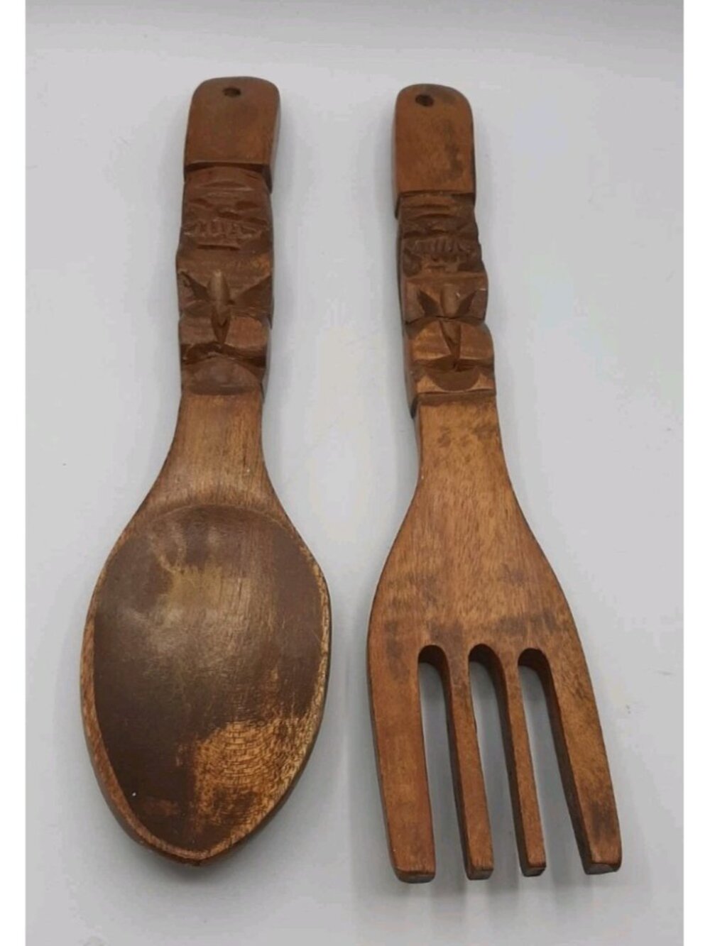 Vintage MCM Carved Wooden Fork and Spoon Wall Decor 12 1/4 in Tiki Totem